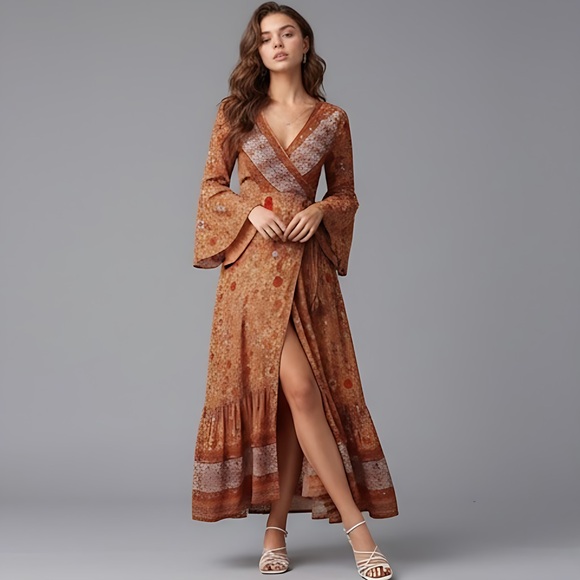 Boho Floral Print Bell Sleeve Tie Front Wrap Dress - Picture 1 of 13